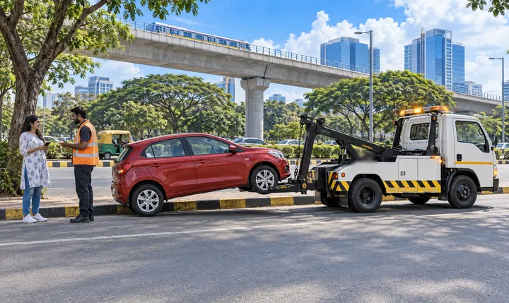 A tow partner talks with a customer on a city road while her red hatchback is lifted onto his tow truck