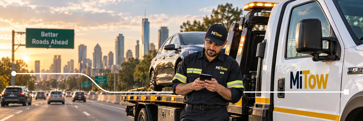A MiTow tow partner checks a job on his phone beside his flatbed tow truck