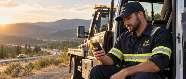 A tow partner in his truck cab checking the MiTow Driver app