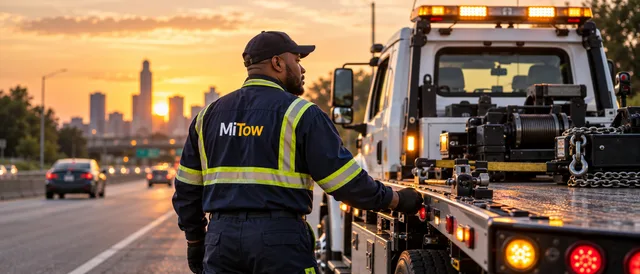 A MiTow tow partner beside his truck at sunset