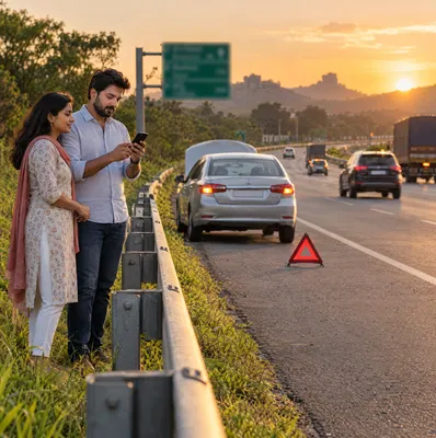A couple waits safely behind a highway crash barrier after their car broke down