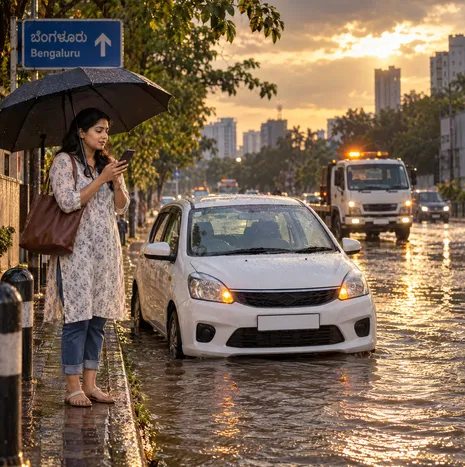 A woman under an umbrella beside her car stalled in flood water, as a flatbed tow truck approaches