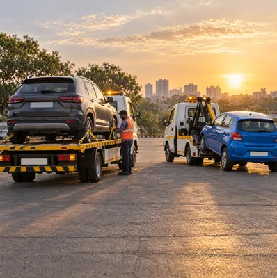 A flatbed tow truck carrying an SUV next to a wheel-lift truck towing a hatchback