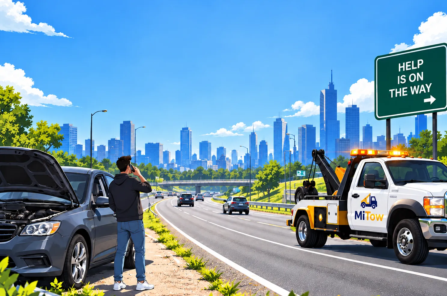 A driver on the phone beside his broken-down car on a highway as a MiTow tow truck pulls up