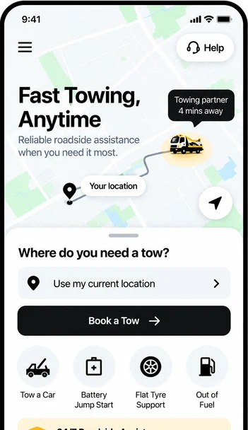 The MiTow app showing a tow partner 4 minutes away and a Book a Tow button