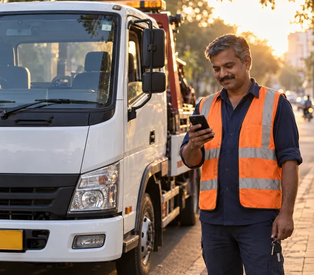 A tow-truck owner checks a new job offer on his phone beside his truck