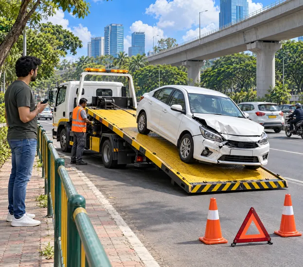 A damaged white car is winched onto a flatbed tow truck behind traffic cones