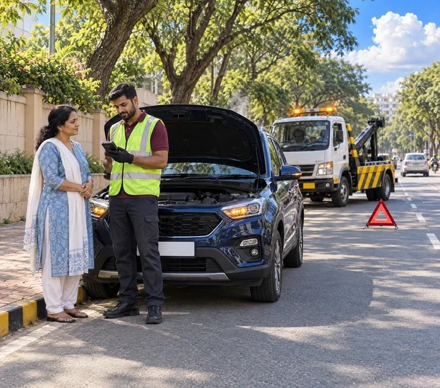 A tow partner checks a stalled SUV with a diagnostic scanner while the owner looks on