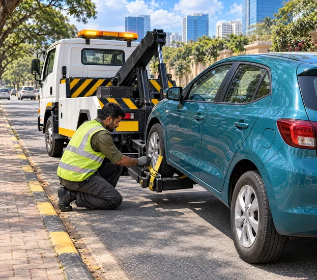 A tow partner straps a teal hatchback's front wheel into the lift of a white tow truck at the kerb