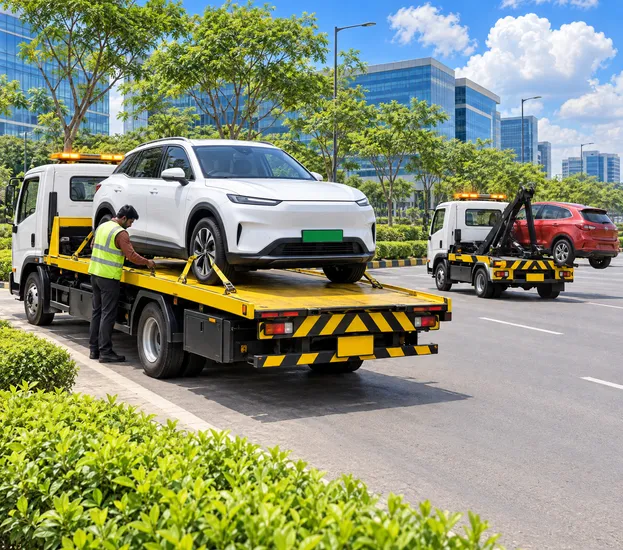 An electric SUV strapped onto a flatbed tow truck, with a wheel-lift truck towing a hatchback behind