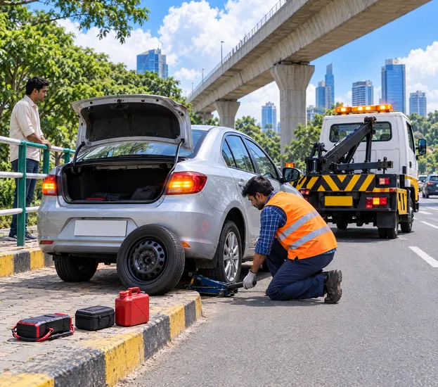 A tow partner jacks up a silver sedan to change a tyre, with a jump starter and a fuel can on the kerb