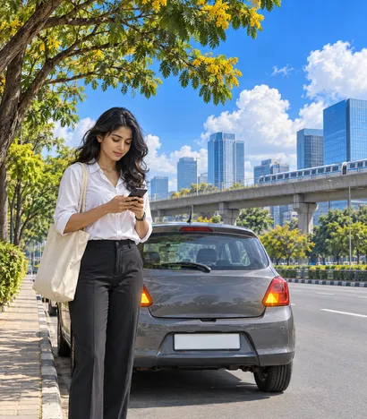 A woman beside her stopped hatchback shares her location on her phone