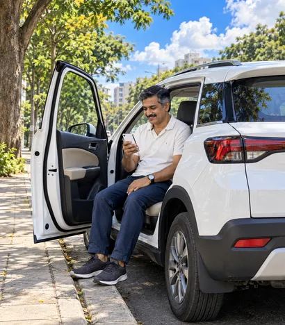 A man sitting in his car's open passenger door checks the fare on his phone