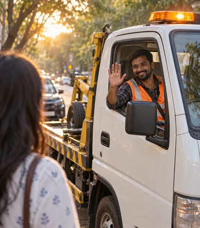 A tow truck driver waves from his cab as he pulls up beside a customer