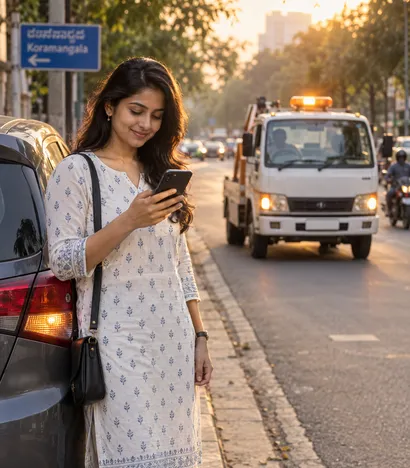 A woman watches her tow truck approach on her phone as it comes down the road