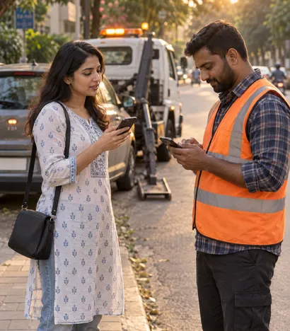 A customer reads her pickup code to the tow partner, who types it into his phone
